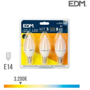 KIT 3 BOMBILLAS VELA LED E14 5W 400lm 3200K LUZ CALIDA Ø3,6x10cm EDM