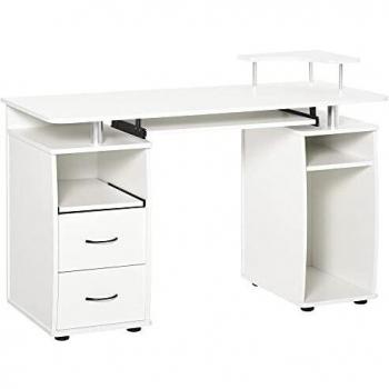 HOMCOM Mesa de Ordenador PC 120 cm Mesa Escritorio de Oficina con Múltiples Estantes 2 Cajones Bandeja de Teclado y Soportes para Monitor CPU 120x55x85 cm Blanco
