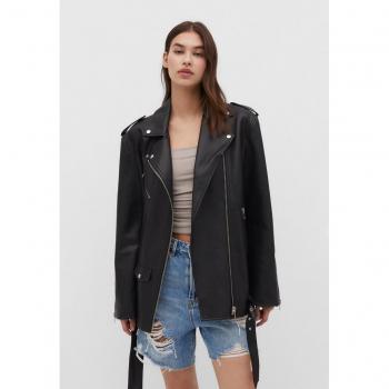 Oversized Black Faux Leather Biker Jacket XS