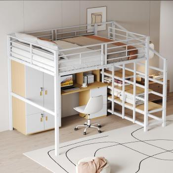 Cama entrepiso de metal 140x200cm con estantes y escalera de seguridad - Blanca (colchón no incluido)