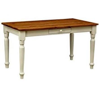 Mesa de madera maciza BISCOTTINI 140x80 cm con cajón, estilo rústico y artesanal para comedor, cocina y salón