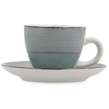 Set de 6 Tazas con Platillo Cerámica Turquesa Brillante 9cl Pintadas a Mano Apto Microondas