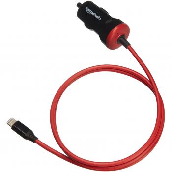 AmazonBasics - Cargador de coche con cable Lightning recto, de 5 V y 2,4 A, recto - Negro / Rojo