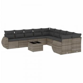 11-Piece Grey Poly Rattan Garden Sofa Set with Cushions