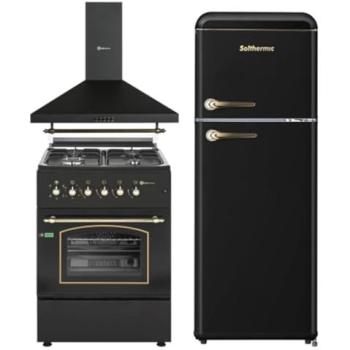 Combo Pack Cocina Gas Solthermic F6s40e5rb 4 Fuegos + Horno Eléctrico + Campana 60cm + Frigorífico Retro 1,47m Negro