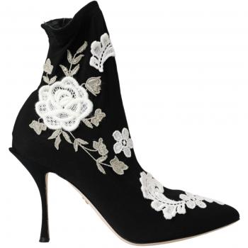 Dolce & Gabbana Black White Embroidery Slip On Heeled Boots, Female, Size 7.5 US (EU37.5)