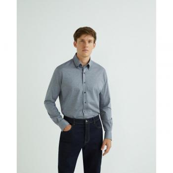 Rushmore - Camisa de hombre sport regular fit, 100% algodón PUNTO geométrico marino, cuello botón punta, puño arista