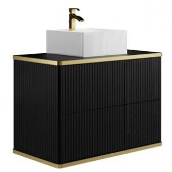 Mueble de baño flotante rayado con ribete dorado y lavabo sobre encimera - Negro - 80 cm - KELIZA