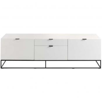 Módulo de TV Oman con patas metálicas negras y mueble MDF lacado blanco, aparador moderno bajo de 180 cm con 2 puertas y 2 cajones en madera lacada blanca y acero negro