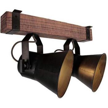 Lámpara de techo Plow, 2 luces E27, 10W, negro y madera oscura, cabezas giratorias