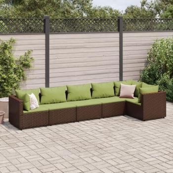 6-Piece Brown Poly Rattan Garden Lounge Set with Cushions