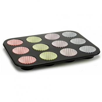 Moldes para Magdalenas KINVARA Multicolor Bandeja para Horno 12 Unidades (7 x 7 x 3 cm) (35 x 3 x 26,5 cm) Acero al Carbono