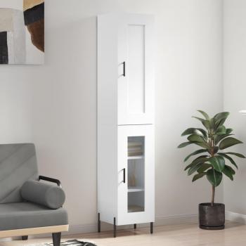 Aparador alto de madera contrachapada blanco 34,5x34x180 cm con 1 puerta de cristal, mueble de almacenaje para salón, buffet y armario auxiliar