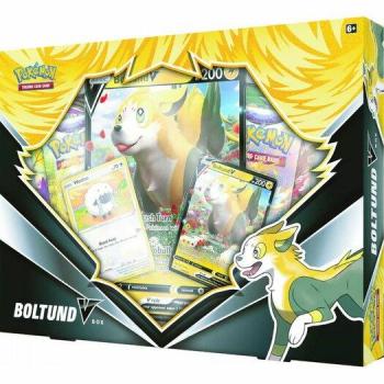 Juego de cartas Pokémon TCG Boltund V Box en inglés, incluye 4 paquetes de expansión, una carta promocional de Boltund V, un código para el juego en línea y un pin coleccionable