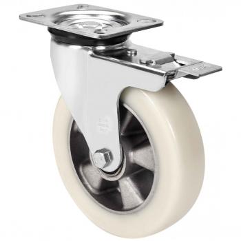Rueda Giratoria Alex Serie ZVR-AUSB con Platina y Freno, 4 mm, 10 ZVRFD160-AUSB, Aluminio, Poliuretano Blanco, Bolas
