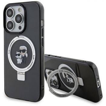 Funda Karl Lagerfeld Ring Stand MagSafe para iPhone 15 Pro - Negro, con diseño de Karl y Choupette, compatible con MagSafe