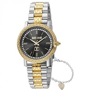 Reloj de pulsera Just Cavalli JC1L212M0105SET, correa color gris plata, oro amarillo, dial negro, analógico, para mujer