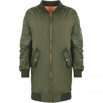 WearAll - Mujeres Largo Longitud Bombardeo Combatir Cremallera Largo Manga Abrigo Damas Acolchado Chaqueta - Verde - 36-38