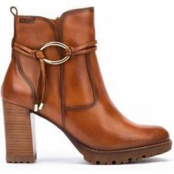 Pikolinos Conelly W7M-8542-250 Botines para Mujer de Piel, Color Marrón, Caña Baja con Adorno de Cintas y Tacón Bloque de 9 cm