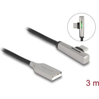 Cable USB 2.0 Tipo A a Tipo C Acodado con LED y Función de Carga Rápida 60 W, 3 m