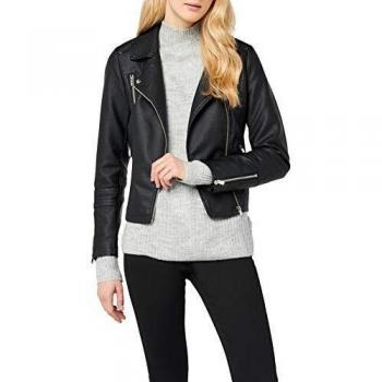 Only ONLGEMMA Women's Leather Jacket - Black, Faux Leather Biker Style, Size 10 UK