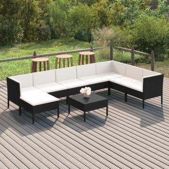 9-Piece Black Poly Rattan Garden Lounge Set with Cushions