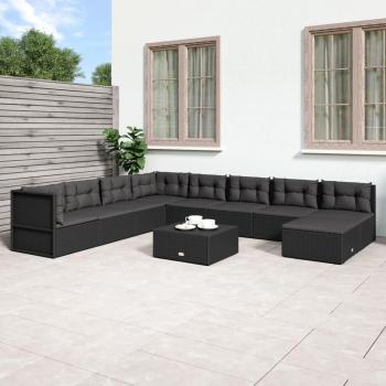 9-Piece Black Poly Rattan Garden Lounge Set with Cushions