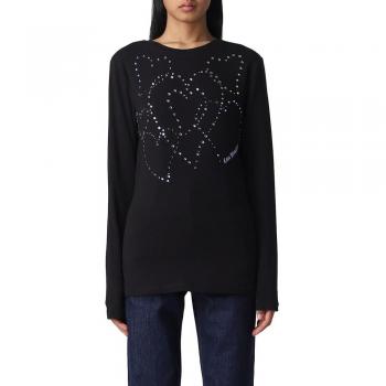 Love Moschino Rhinestone Heart Embellished Cotton Tee - IT42|M, Long Sleeve Tops, female, Black, Size: S, Embellished Heart Long Sleeve T-Shirt