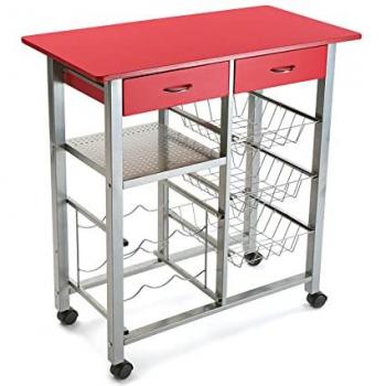 Carro de cocina Versa Leicester con ruedas, 2 cajones, botellero, verdulero, despensa y organizadores, medidas 82 x 40 x 76 cm, material madera y metal, color rojo
