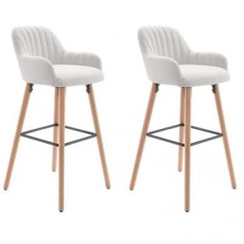 Lote de 2 taburetes de bar en tela crema con patas de madera de haya - ELEANA