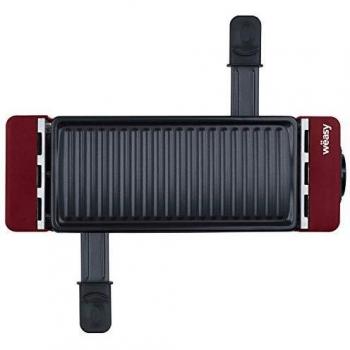 Wëasy TAK12 Personas, 2 en 1 Grill, 400 W, Recubrimiento Raclette y 2 Sartenes Antiadherente, Placa Extraíble, Rojo, 5.3 tons, Madera