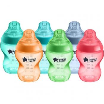 Tommee Tippee Closer to Nature 6-Pack 260ml Bottles, Bright Colours Collection with Breast-Like Nipple and Anti-Colic Valve