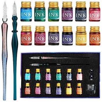 GC Pluma de Cristal-2 bolígrafos de pluma de Cristal 12 tintas multicolores 1 portalápices 1 taza de limpieza-para firmas, caligrafía, escritura, decoración, regalo GC-16