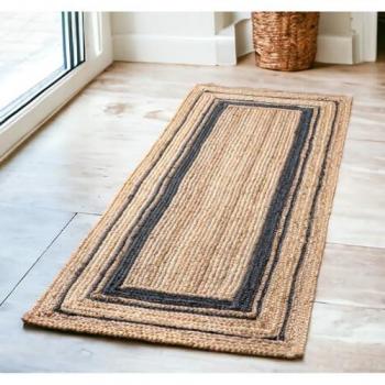 Alfombra de Yute Natural Trenzado Rectangular 100% Hecho a Mano Beige y Negro Boho Chic Étnica (80x150cm)