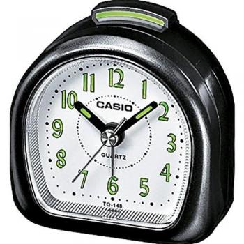 Casio TQ-148-1EF Black Analog Travel Alarm Clock with Daily Alarm and Neon Display