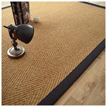 Alfombra de Coco 200x290 cm - Diseño Chevron con Trenza de Algodón Negro