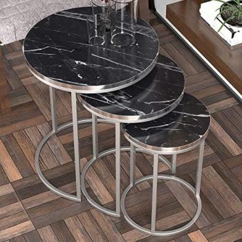 Set de 3 Mesas Nido Bornholm - Diseño Redondo, Aglomerado y Metal con Acabado en Mármol Negro y Plateado
