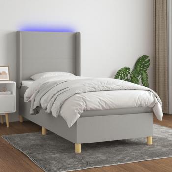Cama box spring con colchón de muelles y luces LED, tela gris claro, 100x200 cm