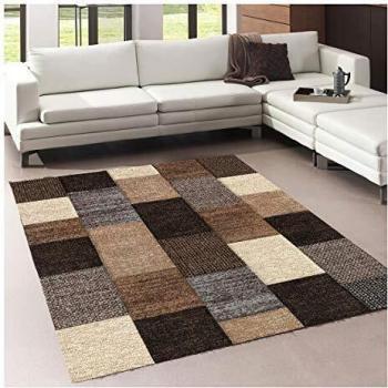 Alfombra de salón rectangular tejida marrón 160x230 con motivos geométricos suaves y sedosos