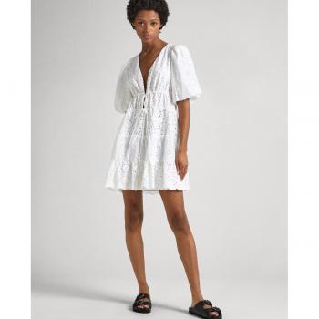 Vestido Delia blanco con detalles calados y mangas abullonadas