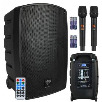 Altavoz Activo Recargable V-TONE BQ12 GO MP3 - Bluetooth, TWS, USB, SD, AUX, Control Remoto, 2x Micrófonos Inalámbricos, Negro