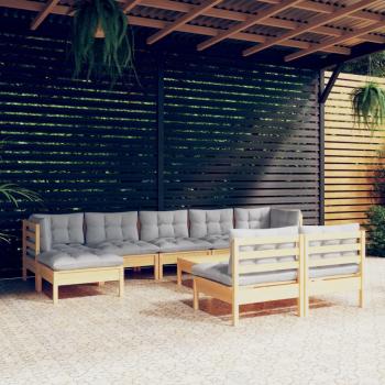 10-Piece Pinewood Garden Lounge Set with Gray Cushions