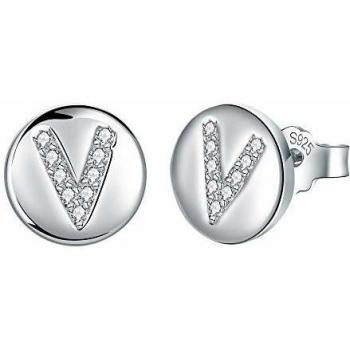 J.Endéar Pendientes Letra inicial V Niñas Mujer Plata de ley 925 con circonita cúbica Disco redondo Joyas, Tamaño pequeño