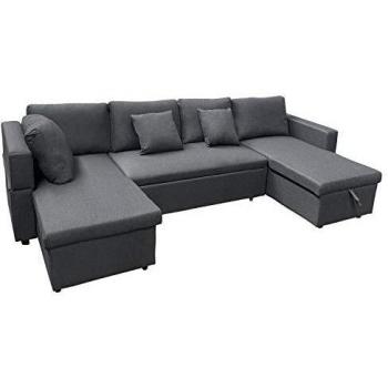 Sofá panorámico convertible Scott 4 plazas gris chiné con méridiennes y coffre de rangement