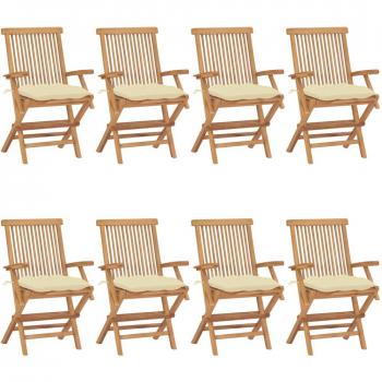 Sillas de jardín 8 uds madera maciza de teca con cojines crema blanco