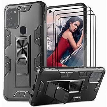 NUDGE Funda para Samsung Galaxy A21s con 3 Piezas Cristal Templado,Carcasa Protectora de Silicona TPU y PC de Anticaídas de Grado Militar,Case Negra con Soporte Invisible