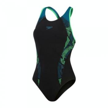 Speedo Traje de Baño Placement Laneback para Mujer - Bañador negro y azul turquesa, talla 38