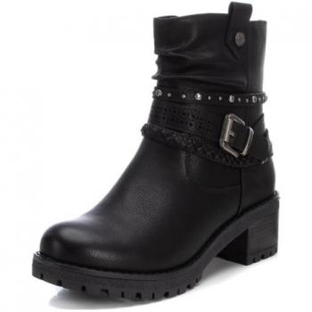Botines de mujer REFRESH 172242 con cremallera lateral, hebillas decorativas, tacón ancho, color negro, estilo casual rockero, cómodos para otoño-invierno
