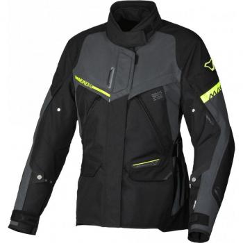 Macna Chaqueta de Moto para Mujer Mundial Night Eye Gris-Amarillo, chaqueta textil, color gris con detalles amarillos, diseñada específicamente para mujeres, incluye características como protección contra el viento y la lluvia, forro térmico extraíb