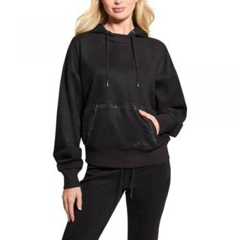 Guess Women's Hooded Scuba Sweatshirt with Rhinestone Detail - Black - Size L